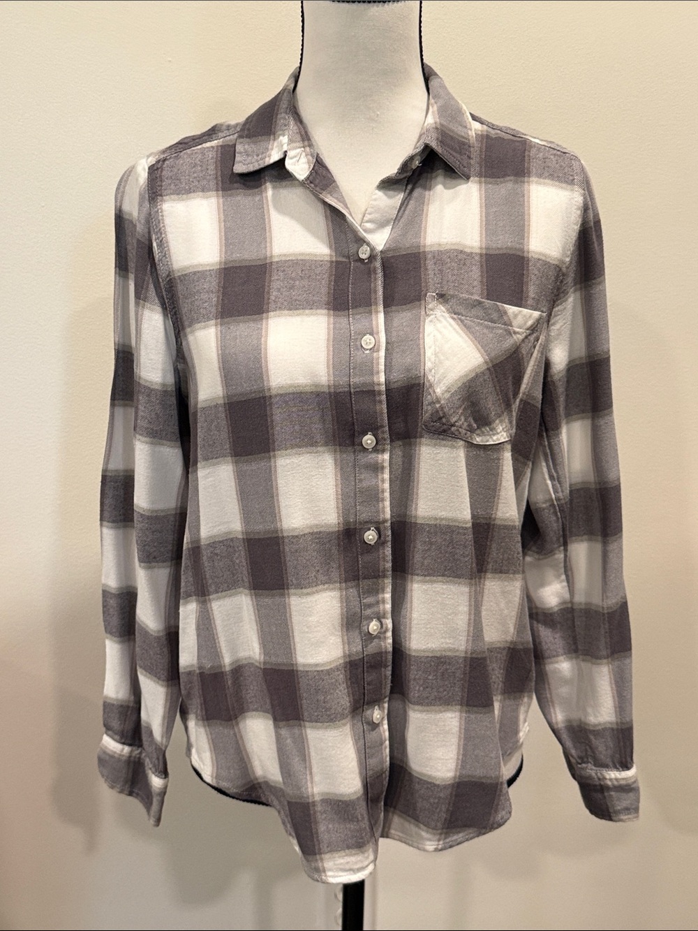 Lucky Brand Cloud Plaid Boyfriend Flannel Shirt Grey White Small
